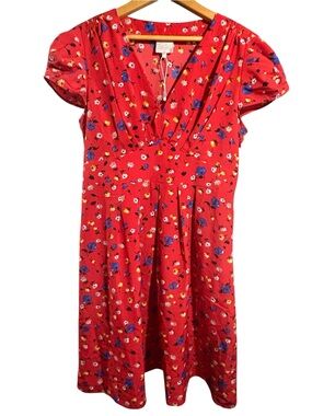 Karen Walker-Hi There, Red Floral Midi Dress with Blue & Yellow Accents